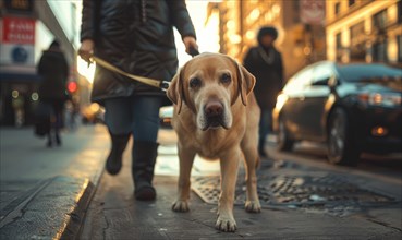 A guide dog leading its owner along a suburban sidewalk AI generated