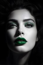 Monochromatic close up fashion portrait with green lips and eyes, AI generated