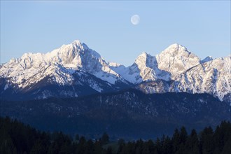 Allgaeu Alps, view from Hegratsrieder See, snow, dawn, moon, Allgaeu, Bavaria, Germany, Europe