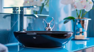 A sink with a black bowl and a silver faucet in a modern luxury condo, AI generated
