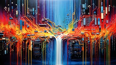 Illustration of abstract data stream cascades over a circuit board transforming into swirling