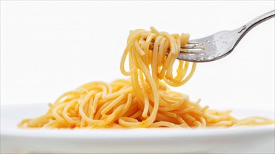 Close-up of spaghetti twirled on a fork above a white plate against a white background, AI