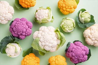 Top vie wof different colorful cauliflowers, AI generated