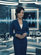A smiling professional woman in a blue suit in a modern news studio with sound wave graphics, ai