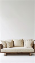 A sofa full of cushions over white background. AI generated