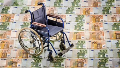 Symbolic long-term care insurance, care costs, disability, a wheelchair stands on a surface of euro