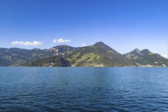 Calm lake under a clear blue sky with picturesque mountains in the background, Beckenried,