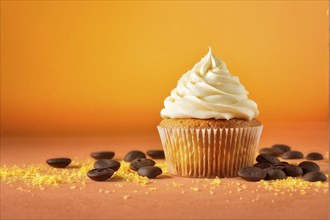 Cupcake with frosting swirls against orange background, AI generated