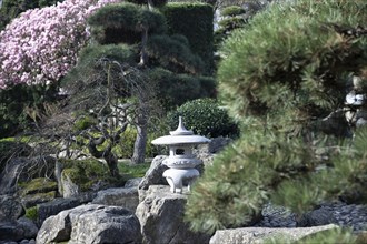 Japanese garden with statues, Freiburg, Baden-Wuerttemberg, Germany, Europe