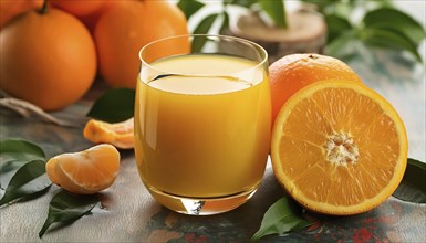 A glass of orange juice, whole and halved oranges and leaves on a light background, AI generated,