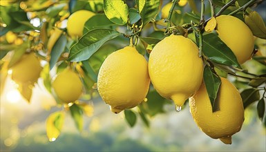 Large, ripe lemons hanging from a tree in the sunlight, surrounded by green leaves and a blurred