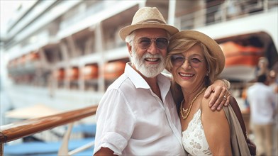 Happy senior couple portrait in front of their luxury cruise ship. generative AI, AI generated