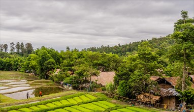 Landscape of Five Hill Tribes Village house and rice paddies with unidentified people working in