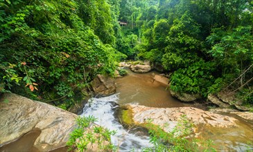 Top view of river in rainforest flowing rapidly over large boulders with lush green foliage in