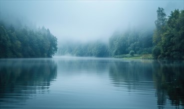 A calm riverside scene with fog rolling over the water in the early morning AI generated