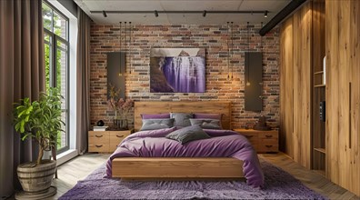 Modern bedroom in a condo or loft with modern trendy furniture. Large and bright space, AI