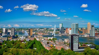 Panorama of Rotterdam city and the Erasmus bridge Erasmusbrug over Nieuwe Maas river from Euromast