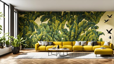 Luxury living room in a modern biophilic concept design with a yellow sofa, AI generated