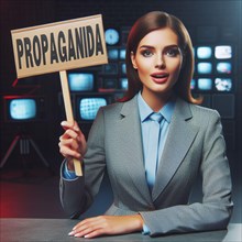 Woman holding a 'PROPAGANDA' sign in a television studio, dressed in a professional business suit,