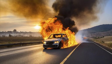 Symbol photo, Burning car on the motorway, AI generated, AI generated