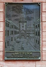 Memorial plaque at the centre gate, Old Town of Heidelberg, Heidelberg, Baden-Wuerttemberg,