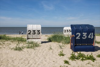 Beach chairs on the sandy beach, Hooksiel, Wangerland, East Frisia, Lower Saxony, Germany, Europe