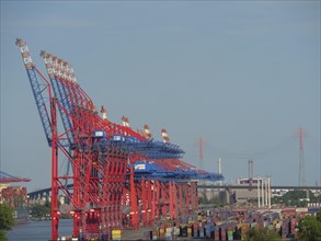 Several red and blue container cranes at the harbour with stacked containers and water in the