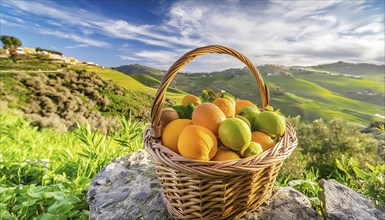 A basket with various citrus fruits, in the landscape AI generated, AI generated