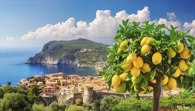 Lemon tree with ripe fruit in a Mediterranean landscape AI generated, AI generated