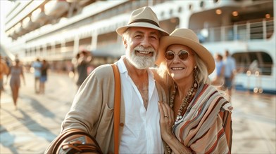 Happy senior couple portrait in front of their luxury cruise ship. generative AI, AI generated