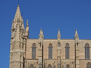 Close-up of a gothic tower and facade of a cathedral under a clear blue sky, beautiful cathedral