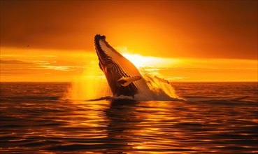 A breaching orca whale captured in mid-air against a vibrant sunset sky AI generated