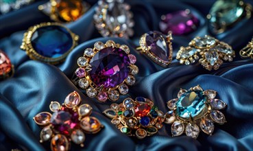 A captivating photograph showcasing a collection of vibrant gemstone brooches arranged on a