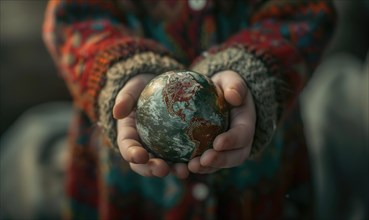 A child's hands holding an Earth globe AI generated