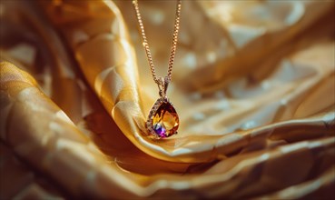 A stunning gemstone pendant suspended on a delicate chain against a backdrop of silky satin