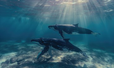 A mother and calf humpback whale swimming together in tropical waters AI generated