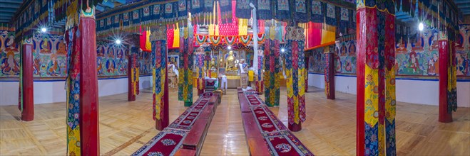 Dukhang, prayer and meeting room, Diskit Monastery, near Hunder, Nubra Valley, Ladakh, Jammu and