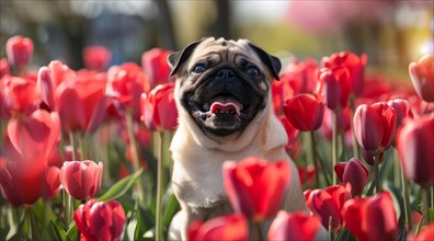 Portrait of a pug standing in the field with flowers, AI generated
