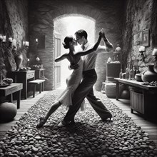 A couple dances the tango in a rustic, elegant room filled with cobblestones, wine bottles, and