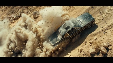 Retro vintage american Car performing a jump in the desert causing a large dust explosion, AI