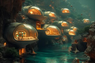 Futuristic underwater habitat with glowing structures and bubbles creating a serene ambience, AI