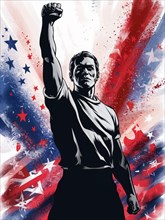 A determined man raises his fist amidst a vibrant red, white, and blue background with stars in a