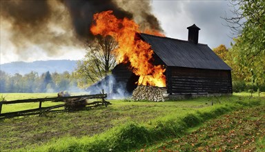 Symbol photo, Burning wooden barn in the landscape, AI generated, AI generated
