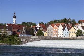 Historic old town centre of Landsberg am Lech, in front of the Lech weir, Upper Bavaria, Bavaria,