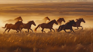 Horses galloping through a grassy field at sunset with a warm golden atmosphere and dust in the