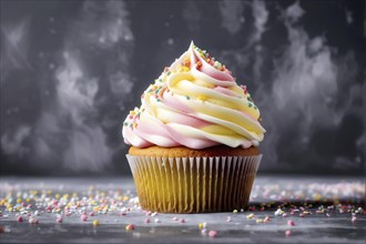 Cupcake with swirls of buttercream frosting in soft pink, AI generated