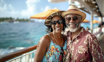 Happy african american senior couple portrait on the deck of their luxury cruise ship. generative