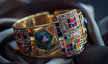 A bold statement cuff bracelet featuring geometric patterns and semi-precious stones AI generated