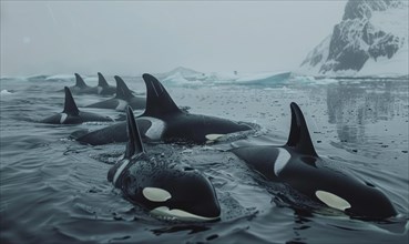 A pod of orca whales swimming gracefully in icy waters AI generated