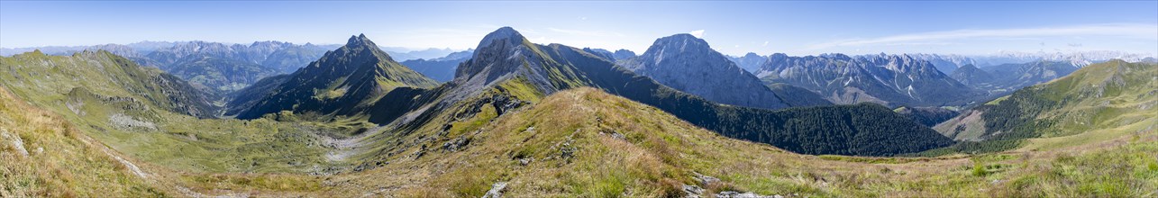 Panorama, view from the Carnic main ridge with rocky mountain peaks, view of the mountain peaks of